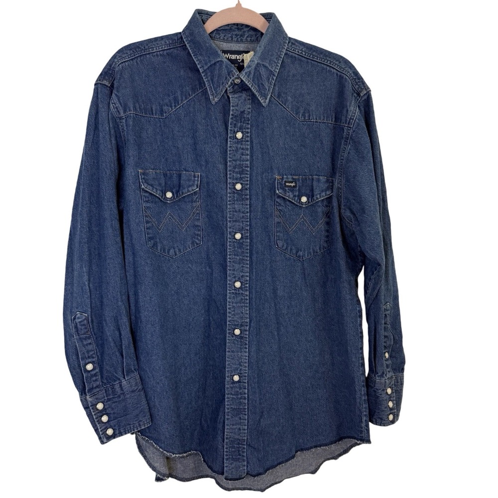 Vintage Wrangler Pearl Snap Western Denim Shirt 16x33 X Long Tails USA Cowboy